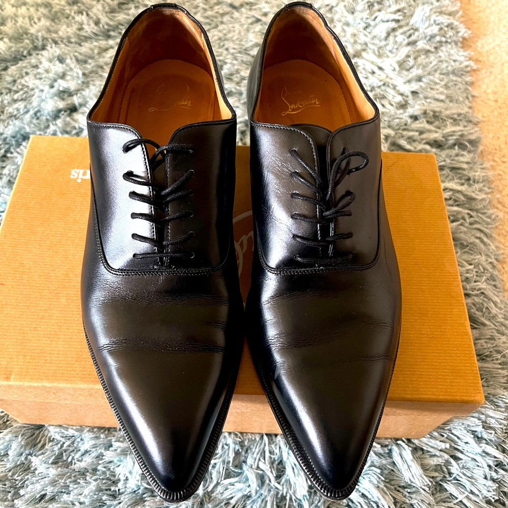 Christian Louboutin Black Leather Pointed Toe Lace-Up Dress Shoes